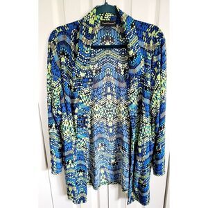 Travel Elements Plus 2X Slinky Stretch Open Jacket Shirt Topper Blue Green Print